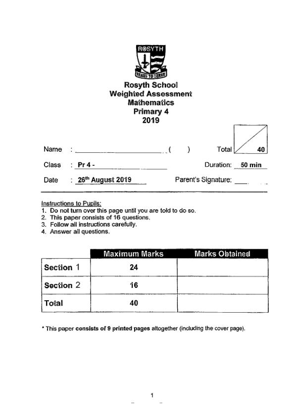 First page preview of P4 Math 2019 WA3 — Rosyth