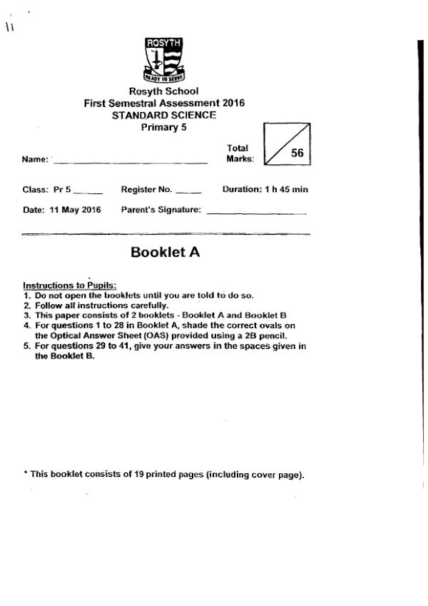 Rosyth P5 Sci WA2 2016 exam paper PDF first page preview