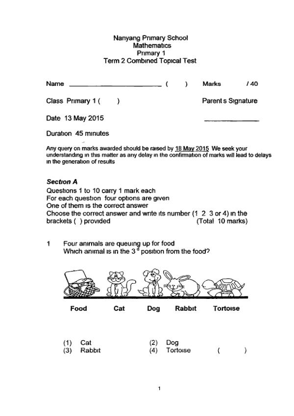 First page preview of P1 Math 2015 WA2 — Nanyang