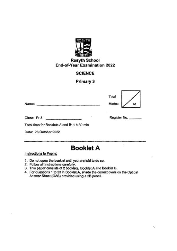 Rosyth P3 Sci SA2 2022 exam paper PDF first page preview