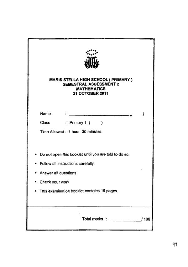 Maris Stella High P1 Math SA2 2011 exam paper PDF preview