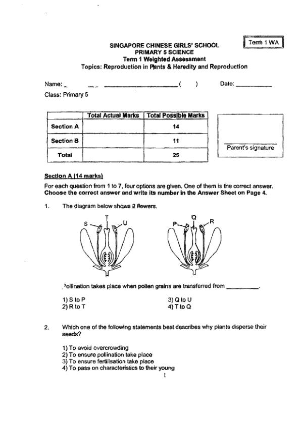Singapore Chinese Girls P5 Sci WA1 2021 exam paper PDF first page preview