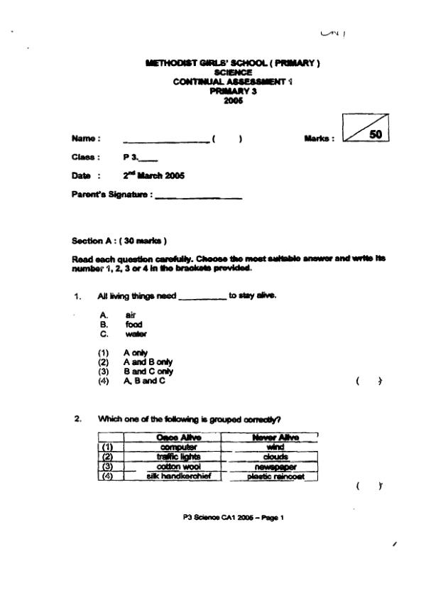 Methodist Girls P3 Sci WA1 2005 exam paper PDF preview