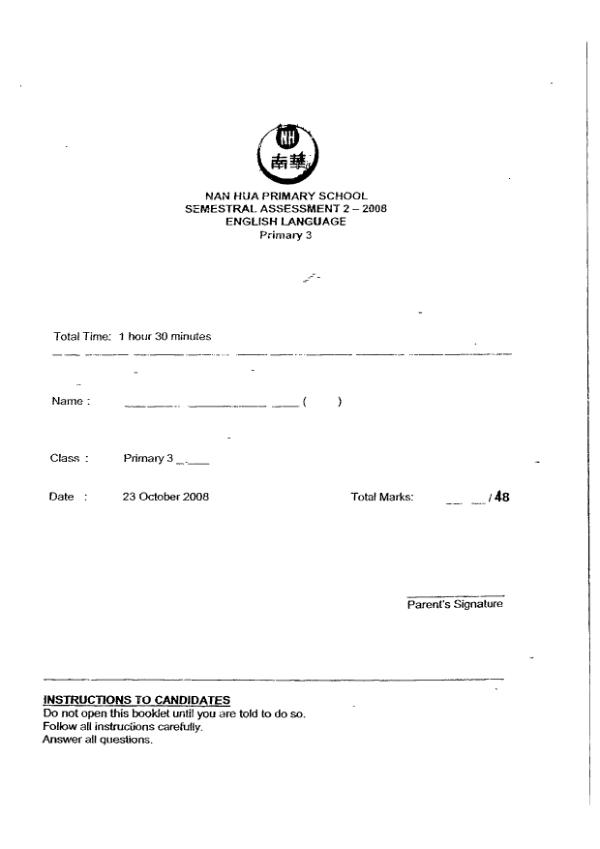 Nan Hua P3 Eng SA2 2008 exam paper PDF preview
