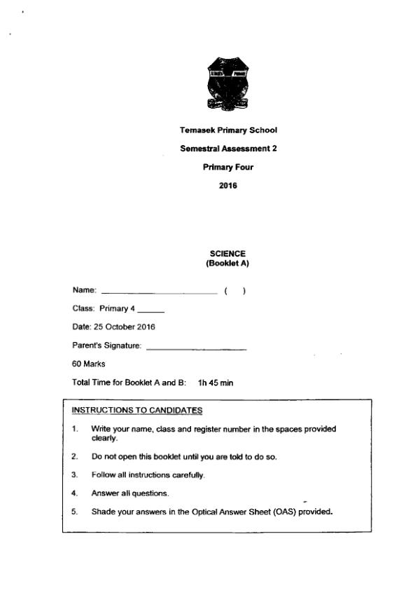 Temasek P4 Sci SA2 2016 exam paper PDF first page preview