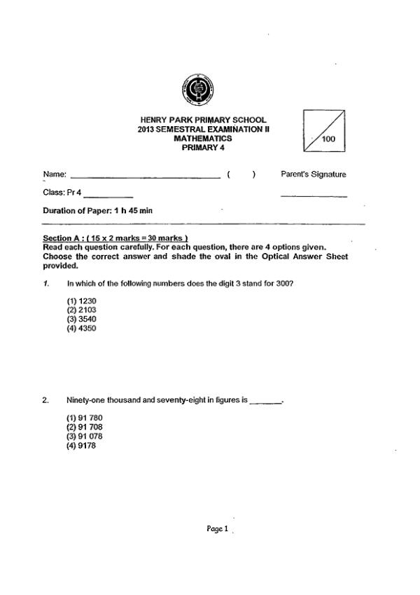 Henry Park P4 Math SA2 2013 exam paper PDF first page preview
