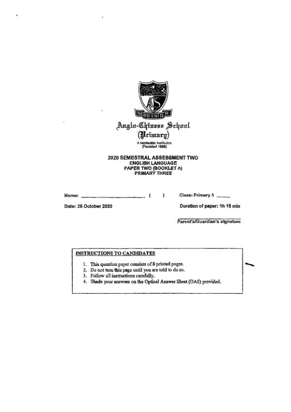 Anglo Chinese P3 Eng SA2 2020 exam paper PDF preview