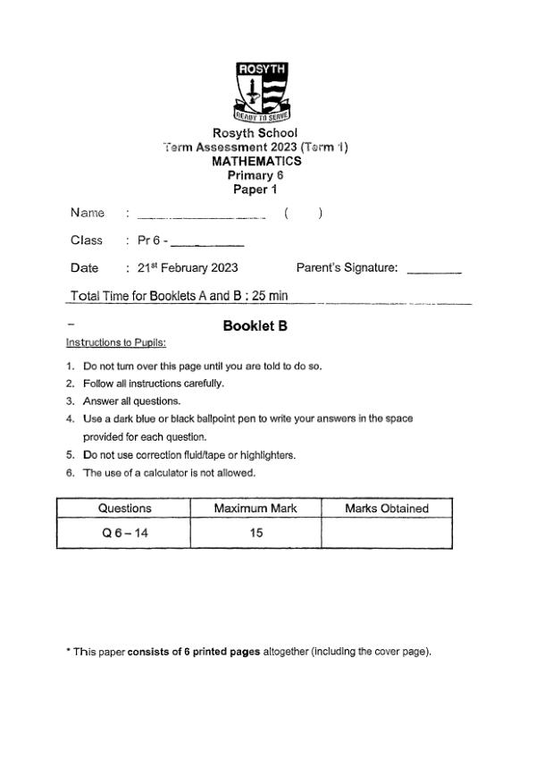 First page preview of P6 Math 2023 WA1 — Rosyth