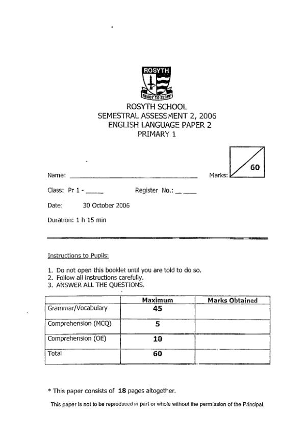 Rosyth P1 Eng SA2 2006 exam paper PDF first page preview