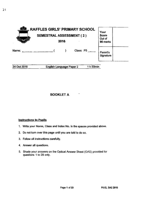 Raffles Girls P5 Eng SA2 2016 exam paper PDF first page preview
