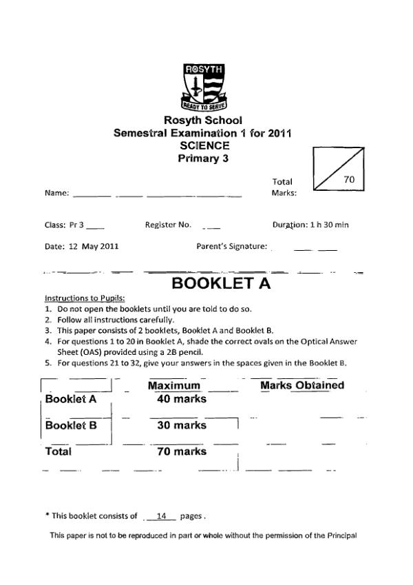 Rosyth P3 Sci WA2 2011 exam paper PDF first page preview