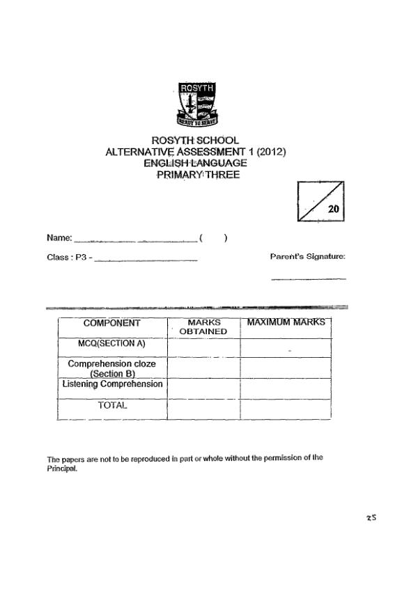 Rosyth P3 Eng WA1 2012 exam paper PDF preview