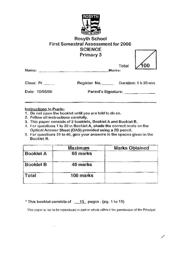 Rosyth P3 Sci WA2 2006 exam paper PDF preview
