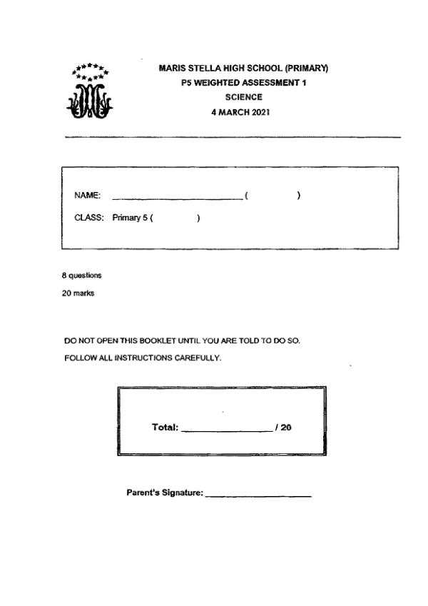 Maris Stella High P5 Sci WA1 2021 exam paper PDF first page preview