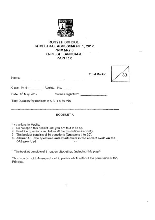 Rosyth P6 Eng WA2 2012 exam paper PDF first page preview