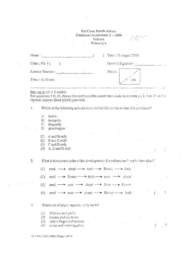 Pei Chun P4 Sci WA3 2004 exam paper PDF preview