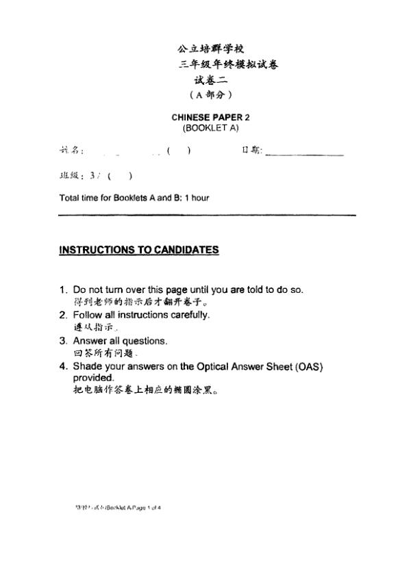 Pei Chun P3 Chi WA3 2022 exam paper PDF preview
