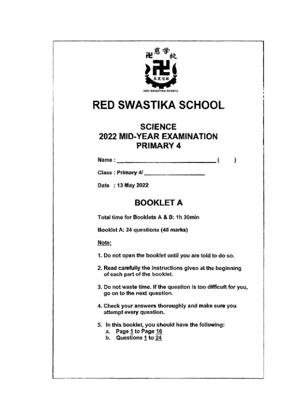 Red Swastika P4 Sci WA2 2022 exam paper PDF first page preview