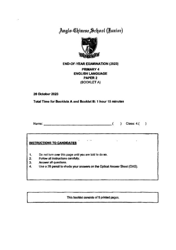 Anglo Chinese P4 Eng SA2 2023 exam paper PDF first page preview
