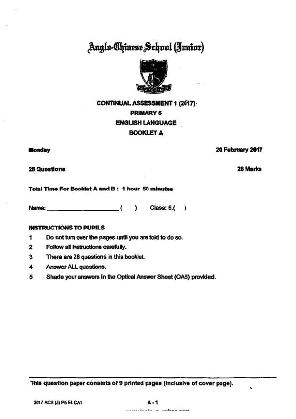 Anglo Chinese P5 Eng WA1 2017 exam paper PDF preview