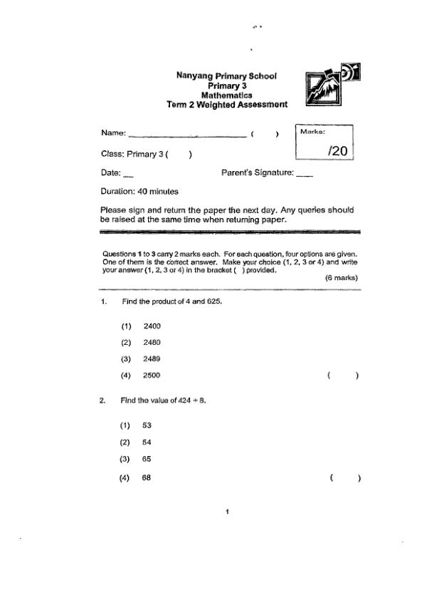 First page preview of P3 Math 2024 WA2 — Nanyang