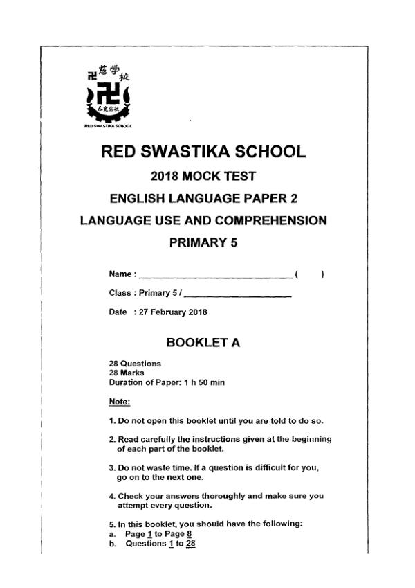 Red Swastika P5 Eng WA1 2018 exam paper PDF preview