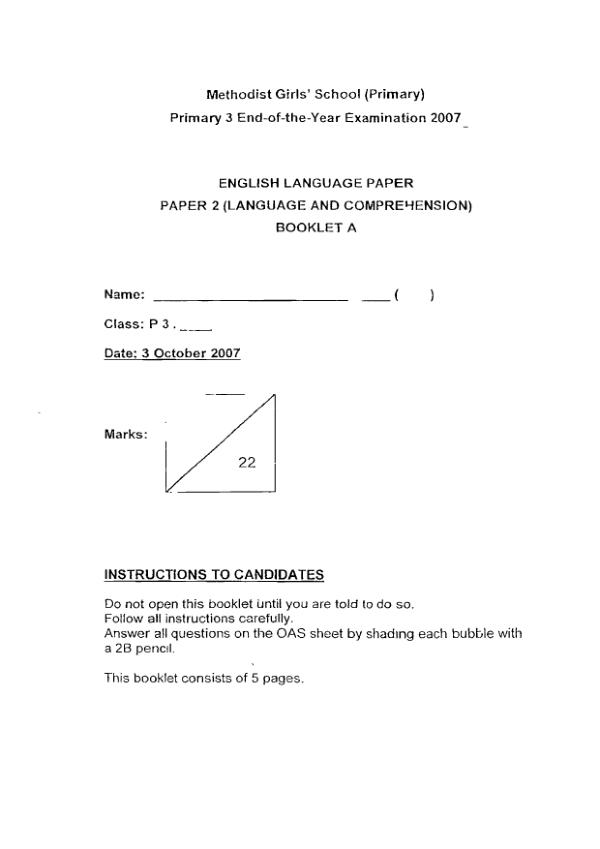 Methodist Girls P3 Eng SA2 2007 exam paper PDF preview