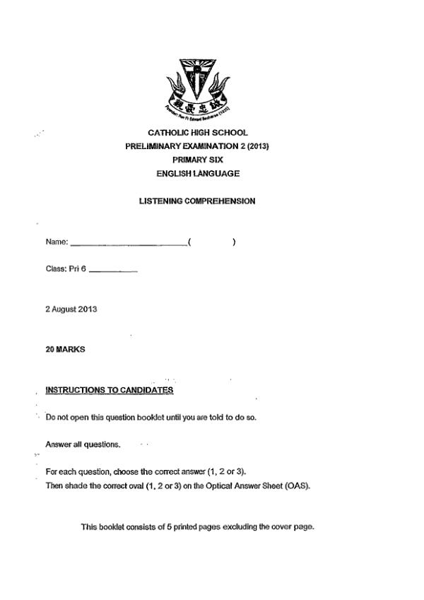 Catholic High P6 Eng SA2 2013 exam paper PDF preview