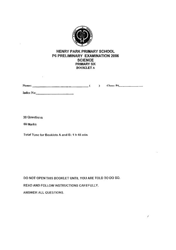 Henry Park P6 Sci SA2 2006 exam paper PDF preview