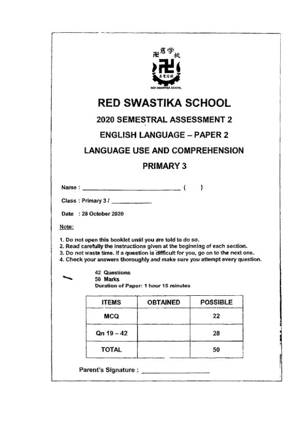 Red Swastika P3 Eng SA2 2020 exam paper PDF preview