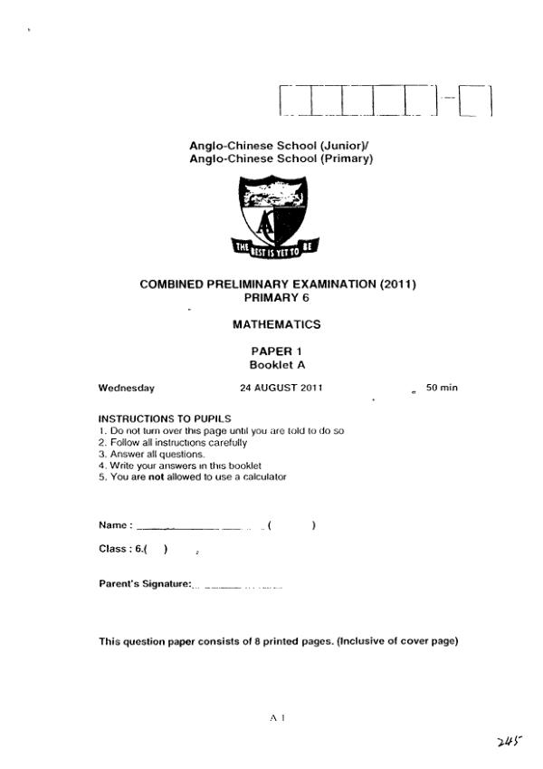 Anglo Chinese P6 Math SA2 2011 exam paper PDF preview