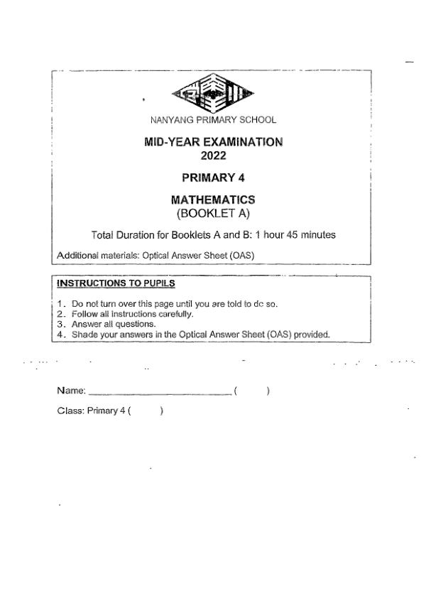 First page preview of P4 Math 2022 WA2 — Nanyang