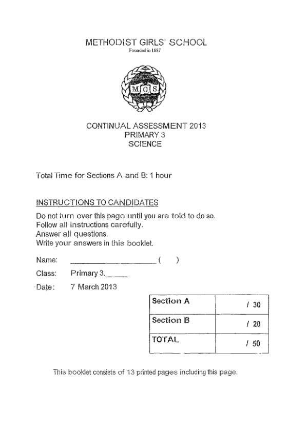 Methodist Girls P3 Sci WA1 2013 exam paper PDF preview