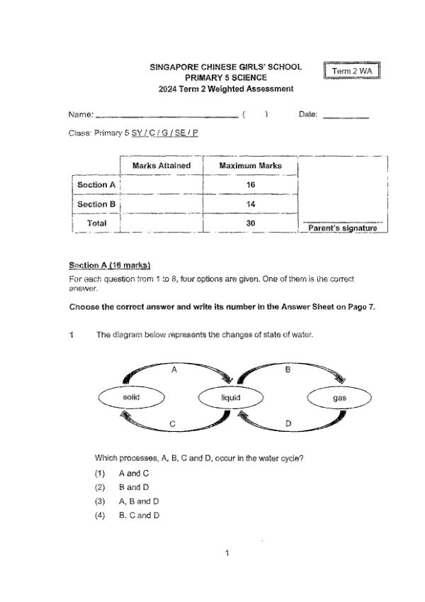 First page preview of P5 Sci 2024 WA2 — Singapore Chinese Girls