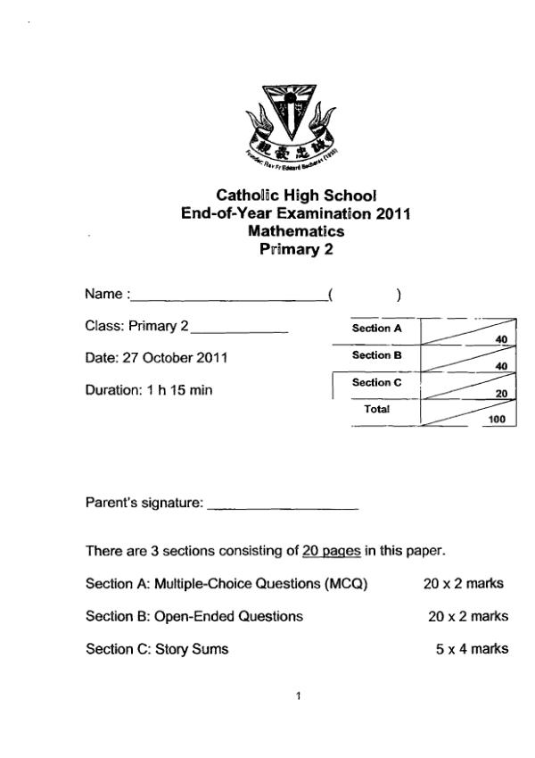 Catholic High P2 Math SA2 2011 exam paper PDF preview