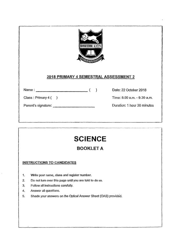 Tao Nan P4 Sci SA2 2018 exam paper PDF preview
