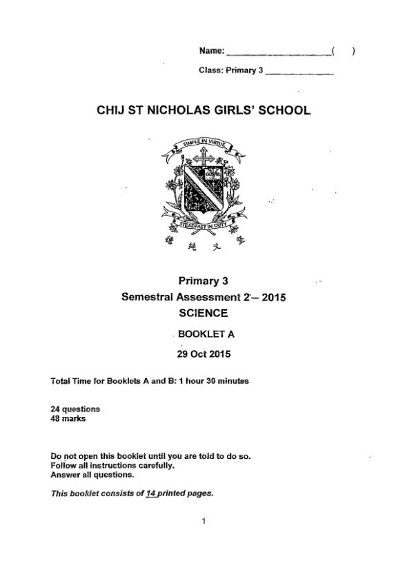 CHIJ P3 Sci SA2 2015 exam paper PDF first page preview