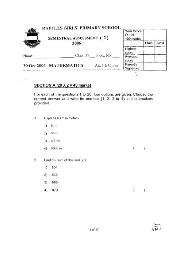 Raffles Girls P3 Math SA2 2006 exam paper PDF first page preview