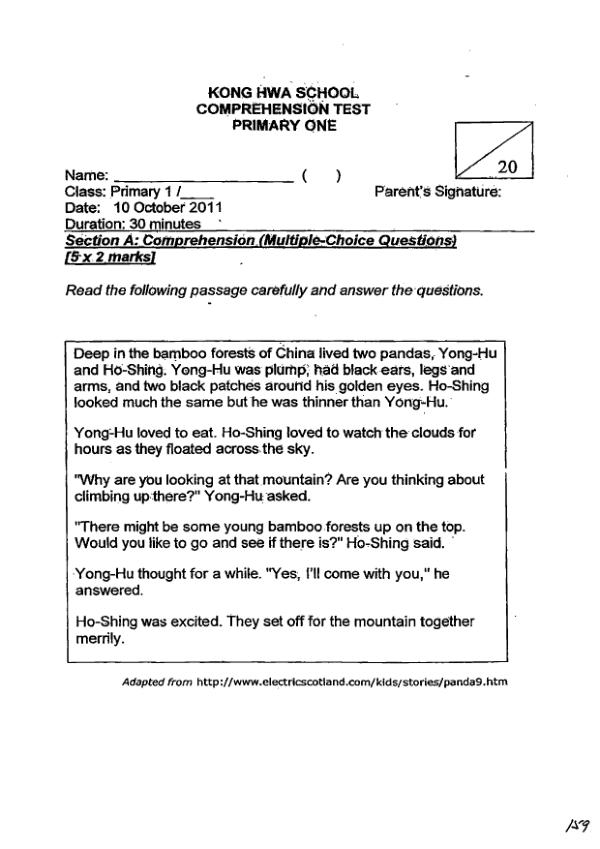 Kong Hwa P1 Eng SA2 2011 exam paper PDF first page preview