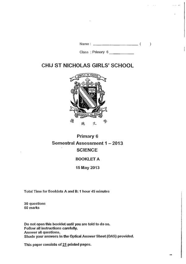 CHIJ P6 Sci WA2 2013 exam paper PDF preview