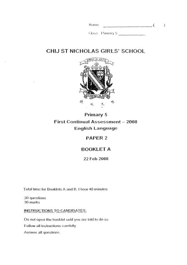 CHIJ P5 Eng WA1 2008 exam paper PDF first page preview
