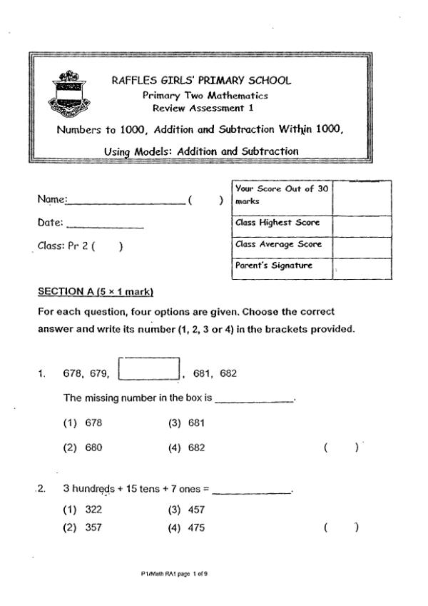 Raffles Girls P2 Math WA1 2013 exam paper PDF preview