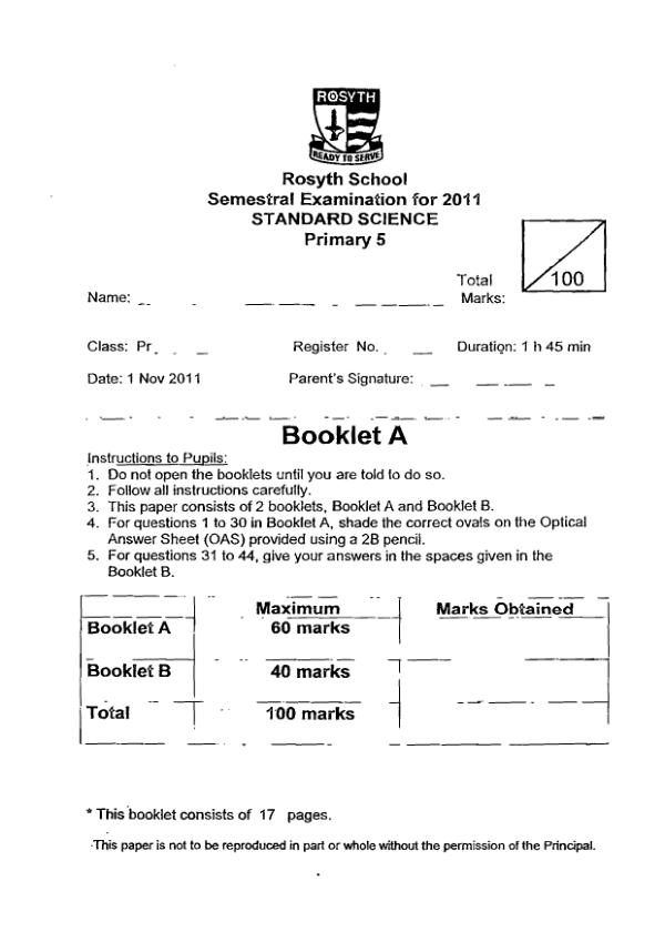 Rosyth P5 Sci SA2 2011 exam paper PDF preview