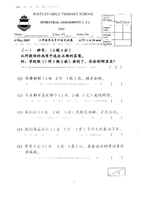 Raffles Girls P3 Chi WA2 2009 exam paper PDF first page preview