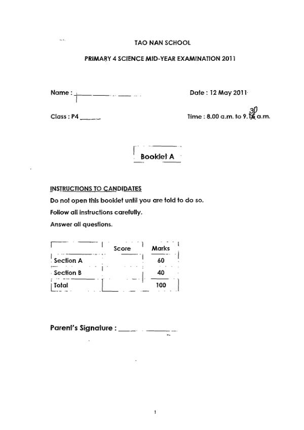 Tao Nan P4 Sci WA2 2011 exam paper PDF first page preview