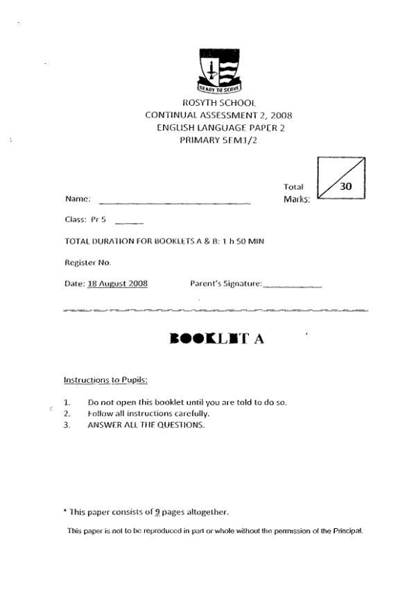 Rosyth P5 Eng WA3 2008 exam paper PDF preview