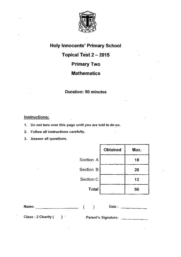 First page preview of P2 Math 2015 WA2 — Holy Innocents