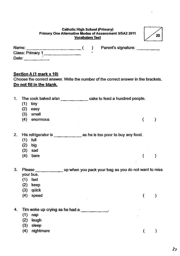 Catholic High P1 Eng SA2 2011 exam paper PDF preview
