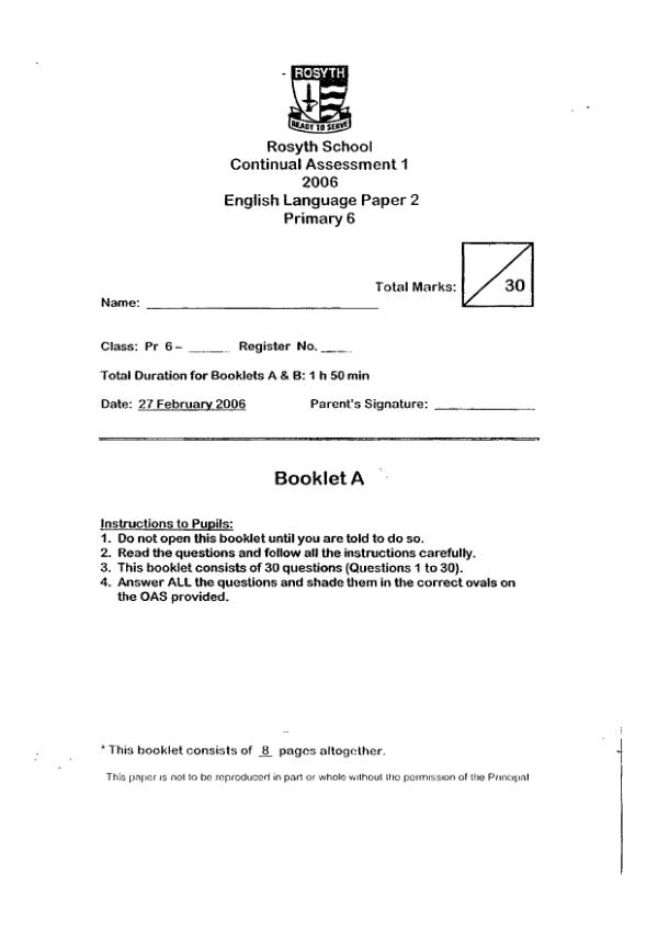 Rosyth P6 Eng WA1 2006 exam paper PDF preview