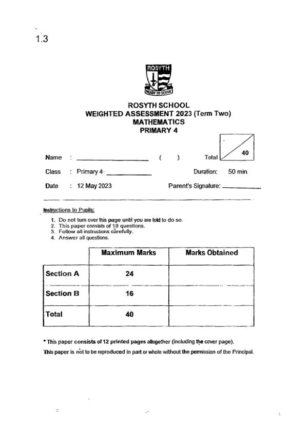 First page preview of P4 Math 2023 WA3 — Rosyth